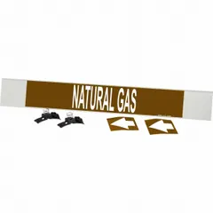 Fiberglass carrier-mounted pipe marker with strapping for identifying natural gas piping. Fits pipe O.D. 8 in and larger. Brown background with white legend text reading 'Natural Gas' and includes flow-direction arrows. Suitable for industrial piping systems requiring clear pipe content identification.