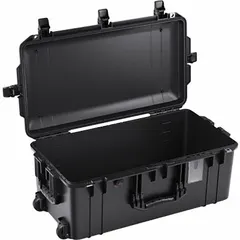 This lightweight suitcase-style protective case has interior dimensions of 12 1/4 in x 24 1/2 in x 10 1/4 in and weighs 12 lb. It features press and pull latches for secure closure and is designed for transporting sensitive equipment such as cameras, electronics, or tools. The case is black, mobile, and does not include foam.