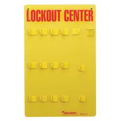 This SKILCRAFT lockout station is an unfilled, wall-mountable unit made of plastic with an open-front cover and board-only visibility. It is portable and designed to hold 1-20 lockout devices, supporting lockout/tagout procedures for equipment isolation during maintenance and servicing.