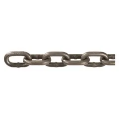 Grade-43 load-securing chain made from carbon steel in a straight, plain configuration. Designed for tie-down and cargo restraint in heavy-duty transport and industrial applications, such as securing loads on flatbed trucks, trailers, and shipping containers.