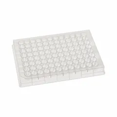 This 96-well plate is made of colorless glass with round wells of 0.5 mL capacity and 6.5 mm diameter. It is RNase/DNase free and non-sterile, suitable for laboratory assays, sample storage, and cell-based experiments requiring a clean glass surface.