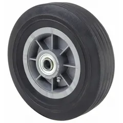Flat-free solid rubber wheel with an 8-inch diameter and 2 3/32-inch width. Supports a 500 lb load capacity. Features a plastic hub. Suitable for industrial carts, dollies, and light-duty caster assemblies in workshops, warehouses, and assembly lines.