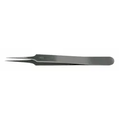 These EREM tweezers are made of stainless steel with a smooth finish and straight, pointed tips. The tip thickness is 0.28 mm. They are used for precision handling of small components in electronics assembly, laboratory work, and fine mechanical tasks.