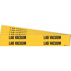 Yellow adhesive pipe marker with black legend text reading 'Lab Vacuum' for identifying vacuum lines in laboratory or industrial piping systems. Fits pipe outer diameters from 3/4 to 2-3/8 inches. Pack includes 4 markers without arrows, sold in a 5-pack.