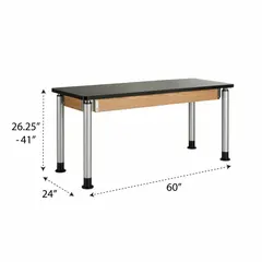 This adjustable-height laminate surfaced lab table features a ChemGuard countertop that resists chemicals and stains. With a 500 lb load capacity, it is suitable for laboratory environments requiring durable and easy-to-clean work surfaces. The table measures 5 ft in length and 39 in height, with a black finish.