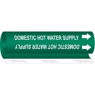 BRADY Pipe Marker: Domestic Hot Water Supply, Green, White, Fits 1 1/2 to 2 3/8 in Pipe O.D. - Domestic Hot Water Supply Wrap-Around Pipe Markers