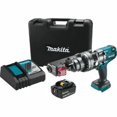 This cordless rebar cutter operates on an 18V DC system and includes one 5.0 Ah battery. It is rated for #5 maximum rebar size with a 5/8 in maximum cutting depth. Suitable for cutting rebar and cable in construction and industrial applications such as concrete reinforcement and electrical work.