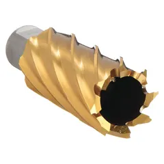 Cobalt annular cutter with TiN coating and Weldon Flat shank, designed for cutting hard materials. Cutter diameter 5/8 in, maximum cutting depth 2 in. Suitable for use in structural steel fabrication and heavy equipment maintenance.