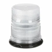 Amber/blue LED flashing beacon with round shape and pipe mount. Operates on 12 to 24V DC and provides 12 selectable flash patterns. Electrical connection via blunt cut wires. SAE Class 1 rated for high-visibility warning applications on construction, utility, and emergency vehicles