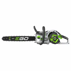 This battery-powered chainsaw features a rear handle design and automatic chain oiler. It operates on a 56 V system with a 55 cc equivalent power output. Suitable for tree trimming, limbing, and cutting firewood in residential and light commercial outdoor maintenance.