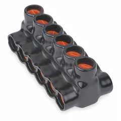 Aluminum multitap connector with six ports and double-sided entry for wire sizes from 10 AWG to 350 kcmil. Suitable for splicing and distributing power in dry-location electrical installations such as panel boards and junction boxes.