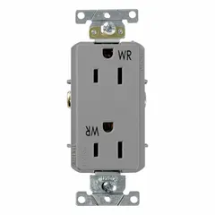 General purpose duplex receptacle rated 125V AC, 15A with NEMA 5-15 configuration. 2-pole, 3-wire grounding type in gray. Suitable for standard electrical connections in walls, workstations, and equipment panels.