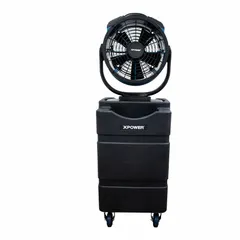 Single-phase misting fan operating on 115V AC. Features three fan speeds and oscillating function to distribute airflow and mist. Suitable for cooling large work areas in industrial, commercial, and outdoor settings.