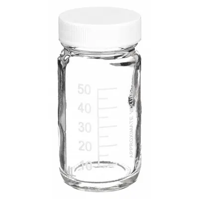 WHEATON Storage Bottle: 60 mL, 38-400 mm, Colorless, 48 Bottles, 43 mm Body Dia - Clear Wide Mouth Round Glass Lab Bottles
