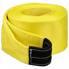 This LIFT-ALL recovery strap is a 1-ply nylon strap with eye attachments on both ends. It measures 26 ft in length and 6 in in width, rated for heavy-duty vehicle recovery. The yellow strap is used for towing or pulling stuck vehicles in off-road, construction, or fleet maintenance applications.