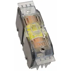 Indicating fuse block cover rated for 600 V AC, designed for J fuse class and compatible with JM fuse series. Provides visual indication of fuse status. Used in industrial control panels, motor control centers, and power distribution systems.
