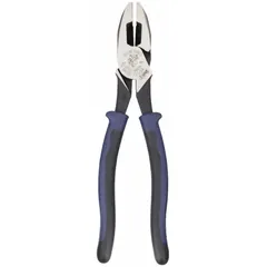 Multipurpose lineman's pliers with a flat jaw design, 9 1/2 in overall length, 1 5/8 in jaw length, 1 1/4 in jaw width, and 5/8 in jaw thickness. Includes an integrated fish tape puller. Suitable for cutting, gripping, and twisting wire in electrical and general wiring tasks.