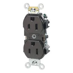 Duplex general-purpose receptacle rated 125V AC and 15A with NEMA 5-15R configuration. Isolated-ground design helps reduce electrical noise for sensitive equipment. Brown finish. 2-pole/3-wire grounding type.