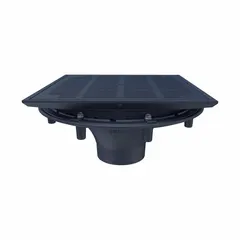 Promenade deck roof drain with 18 in overall width and length, 9 3/8 in overall height, and No Hub connection. Includes frame. Used for draining water from pedestrian-accessible rooftop areas such as promenade decks, terraces, and walkways.