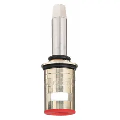 This brass disc faucet cartridge includes a ceramic disc for smooth operation. It is designed for hot and cold water applications in compatible faucets. The cartridge has a 1-inch overall length and is a replacement component for controlling water flow and temperature.