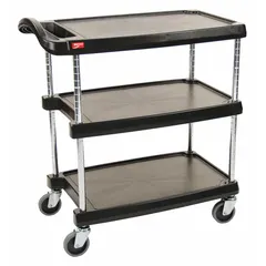 Polymer lab cart with three shelves for transporting supplies, instruments, and samples. Overall dimensions: 40 1/4 in length, 27 3/4 in width, 36 7/8 in height. Suitable for light-to-medium loads in laboratory and cleanroom environments.