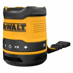 The DEWALT DCR008 is a Bluetooth speaker with USB-C connectivity, designed for portable audio on job sites. It streams music from mobile devices and is built for use in workshops, warehouses, and outdoor environments.