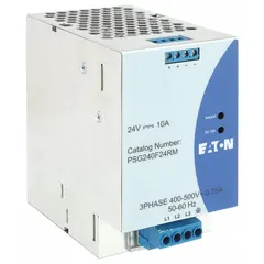 Three-phase DIN Rail mount DC power supply with a metal housing. Accepts 400 to 500V AC input and delivers a rated output power of 240 W at 10 A. Suitable for industrial control panels, automation systems, and machinery requiring a stable DC power source.