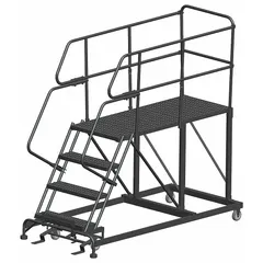 This rolling single-access platform provides a fixed-height elevated work surface with a 24 in x 60 in steel platform. It includes handrails and a foot-activated step lock for secure positioning. Load capacity is 800 lb. Suitable for maintenance, assembly, and inventory tasks in industrial and warehouse environments.