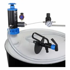 This air and hand-operated piston drum pump features a 1:1 ratio and delivers a maximum flow rate of 4.5 gpm. It includes a discharge hose and nozzle, with a polypropylene (PP) suction tube. Suitable for transferring fluids from drums or containers in industrial settings.