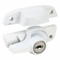 This non-handed sweep lock is designed for use with double-hung windows. It mounts on the sash and includes a handle for operation. The lock features a white enamel-coated finish and has an overall length of 1 inch