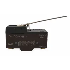 Hinge lever snap-action switch from the OMRON X Series with 1NO/1NC contact configuration. Rated 2 A at 250 V AC with screw electrical connection. Used for position sensing and limit control in industrial machinery, conveyors, and automation systems.