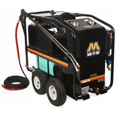 This hot water pressure washer operates at 230 V single-phase, delivering 4,000 psi at 3.5 gpm with a 10 hp motor. It features a belt-driven pump and uses kerosene as burner fuel. Designed for industrial cleaning tasks such as removing grease, oil, and grime from equipment, machinery, and surfaces.