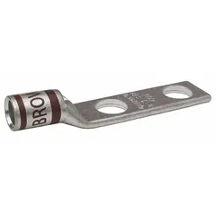 This two-hole compression lug is designed for terminating 2 AWG stranded copper wire to a 5/16 in stud. It features a standard copper barrel and an inspection hole to confirm full wire insertion. Suitable for use in electrical panels, switchgear, and machinery requiring secure, low-resistance connections.