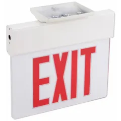Red LED exit sign with white aluminum housing and one face. Features self-diagnostics and nickel cadmium battery backup. Universal field-selectable chevrons allow directional flexibility. Suitable for surface mounting in commercial and industrial settings for emergency egress marking.