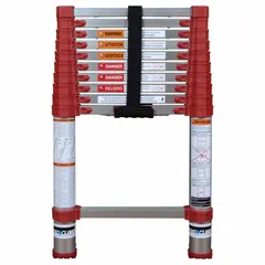 This telescoping extension ladder extends to 11 ft and is constructed from lightweight aluminum with a red finish. Rated for a 250 lb load capacity, it is suited for tasks requiring portable access at height, such as maintenance, construction, and facility work.