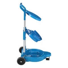 This plastic ice tote transport cart in blue has a 50 lb capacity and measures 8 in deep, 26 3/4 in high, and 8 in wide. It features glide casters for easy movement. Commonly used in commercial kitchens, bars, and foodservice operations to transport ice.