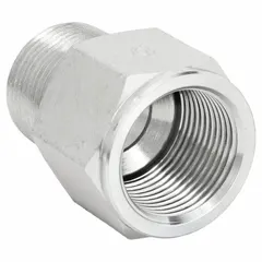 This steel hydraulic hose adapter provides a rigid, straight connection between female BSPP and male NPT threads. It is used in fluid power and hydraulic systems to transition between these thread standards. The 3/4 inch x 3/4 inch fitting size accommodates common hose and port dimensions.