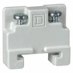 Screw-mount end clamp for securing terminal blocks on GH Channel. White finish. Prevents lateral movement in electrical assemblies.