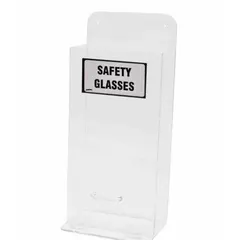 This clear acrylic stack tower dispenses up to 20 pairs of protective eyewear. With an overall height of 18 inches and width of 8 inches, it provides a compact storage solution for safety glasses in industrial settings, keeping eyewear organized and accessible near workstations or entry points.