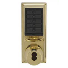 This mechanical push button lockset provides keyless entry for interior doors in commercial and institutional settings. It features a brass finish and offers key override compatibility with Best and Equivalents 6 or 7 pin systems. The lock is operated by a code, eliminating the need for keys or electrical wiring.