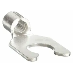 Non-insulated locking fork terminal for 12 AWG to 10 AWG wire, with a 1/4 in stud size and 600 V rating. Suitable for power distribution and equipment wiring in control panels and industrial machinery.
