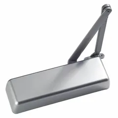 This Grade 1 heavy duty door closer is constructed of aluminum and features an adjustable spring size 6. It is a non-hold open type with a regular arm, designed for interior use. The closer is ADA compliant and compatible with PDQ 7141 series. Typical applications include commercial and institutional interior doors requiring controlled automatic closing.