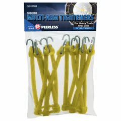 This PEERLESS multi-arm tensioner is designed for securing ladder-style tire chains on heavy-duty trucks. It is compatible with 18-24.5 tire sizes and constructed from rubber and low-carbon steel. The tensioner ensures proper chain fit and tension for improved traction in winter conditions.