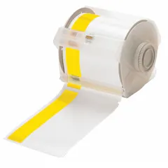 Vinyl thermal transfer label roll, 4 in x 100 ft, white gloss and yellow gloss, rated for outdoor use. Compatible with GlobalMark printer series. Used for pipe marking, safety signage, and equipment labeling in industrial environments.