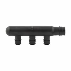 Polymer branch manifold with one inlet and three outlets, available in 3/4 in and 1/2 in sizes. Rated for maximum operating pressure of 73 psi. Used in plumbing and heating systems to distribute flow from a single supply line to multiple branches, such as in radiant heating or hydronic distribution.