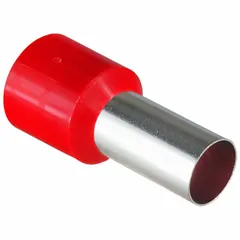 Insulated wire ferrule for terminating stranded wire ends. Holds 1 wire; red nylon insulation. Ferrule diameter 0.34 in. Used in terminal blocks, control panels, and electrical connections to prevent wire fraying.