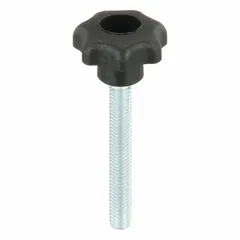 7-arm knob with threaded stud for manual adjustment and clamping. Plastic body with steel M6 thread, 45 mm thread length, 25 mm diameter. Suitable for hand-tightening in jigs, fixtures, and assembly equipment.