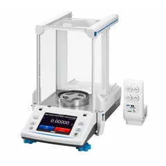 Semi-micro lab balance with 220 g capacity, 0.00001 g readability, and 0.000025 g repeatability. Features an LCD display and ABS/glass construction. Suitable for precise weighing in analytical chemistry, pharmaceutical, and research laboratory applications.