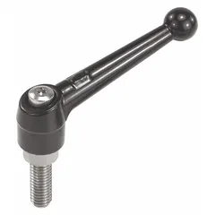 This ball-style adjustable handle features a zinc body and a stainless steel threaded stud with #10-24 thread size and 39 mm length. It is designed for manual clamping, positioning, and adjustment on machinery and fixtures, allowing tool-free repositioning in confined spaces.