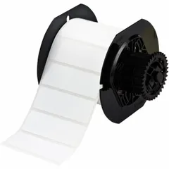 Thermal transfer precut label roll measuring 1 in x 3 in, with rubber aggressive/permanent adhesive for bonding to challenging surfaces. Contains 1500 labels per roll. Halogen-free material properties. Compatible with i3300 printer series. Used for durable identification in industrial environments.